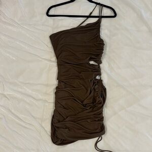 ZARA Brown One-Shoulder Ruched Cutout Mini Dress